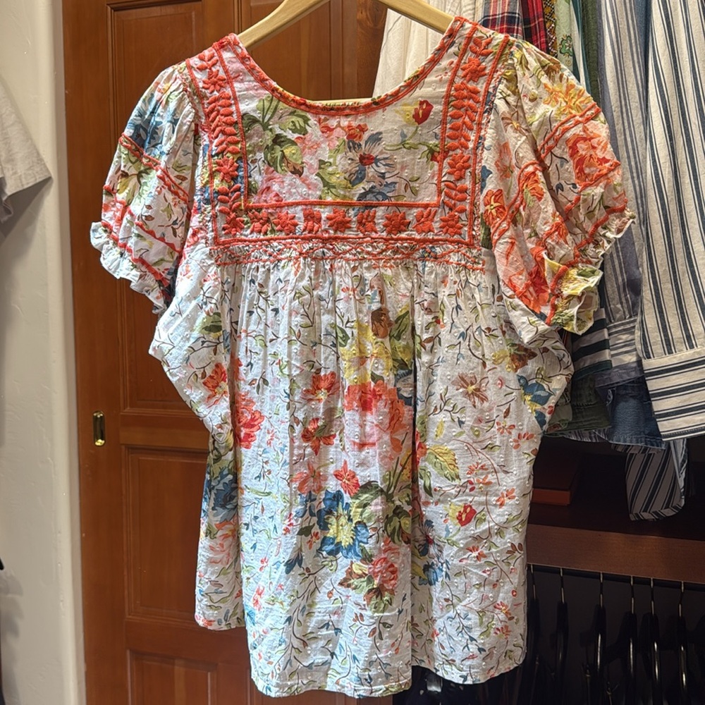 Sister Mary Coral Embroidered Floral Peasant Blouse - Picture 2 of 6